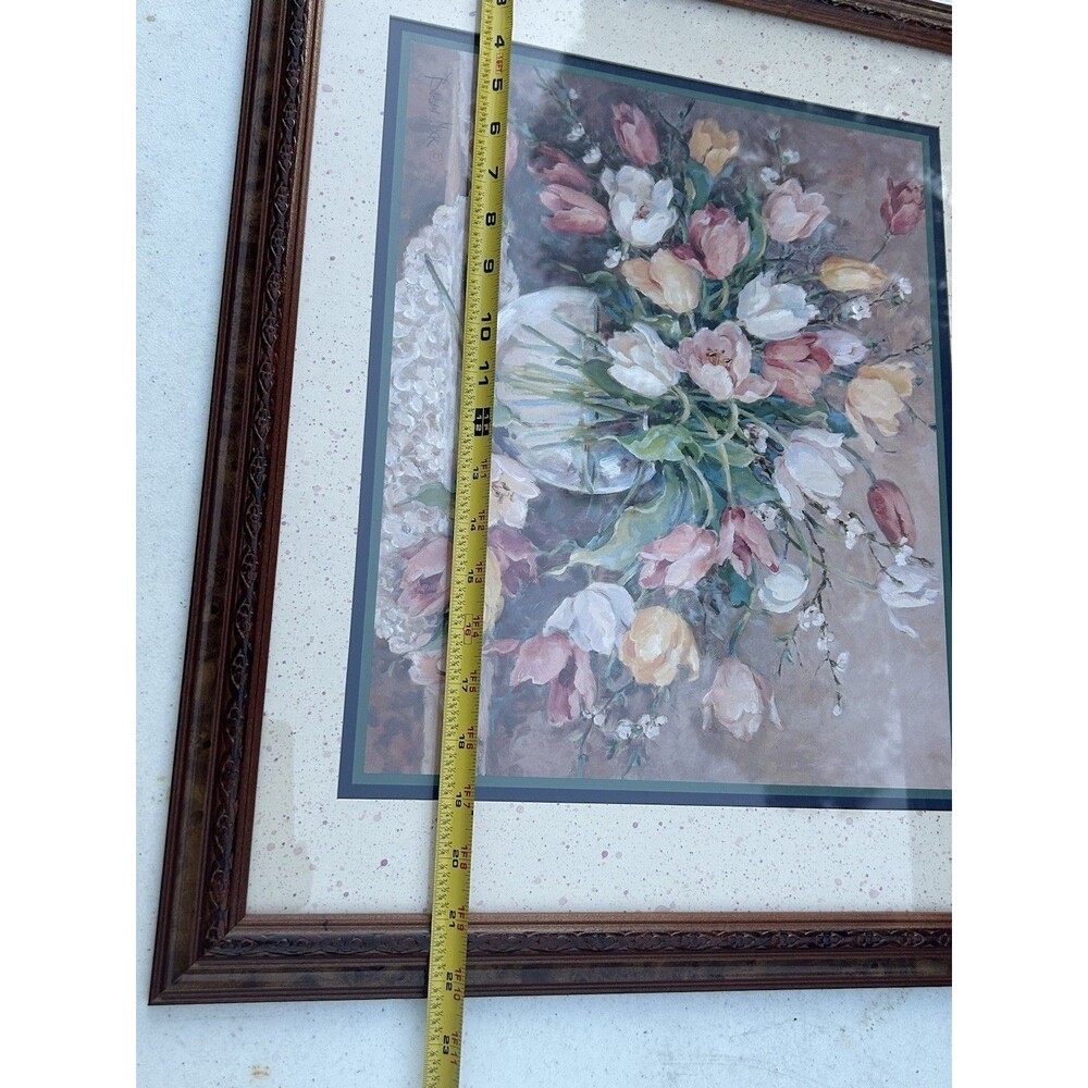 Barbara Mock Wall Art Floral Vase Tulips 22x18 Mixed Media Crewel Cottage Decor - Picture 7 of 14